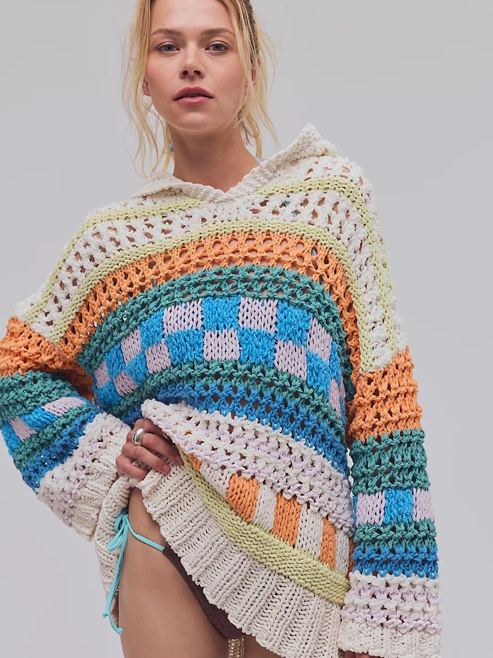 Free People Multicolor Crochet Hooded Sweater